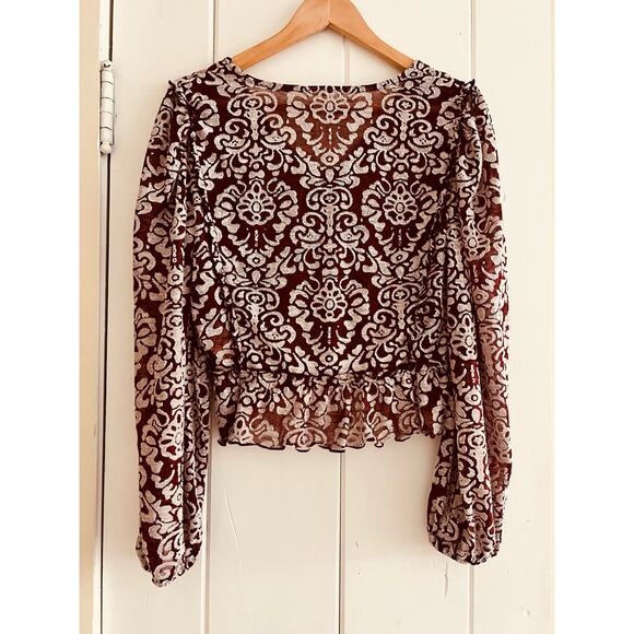 By Anthropologie Jacquard Peasant Blouse Women's Blouse Wine M Ruffle Peplum - Picture 8 of 8